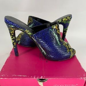 Shoe Dazzle Stiletto Mules, Faux Snakeskin, Blue/Green size 8.5
